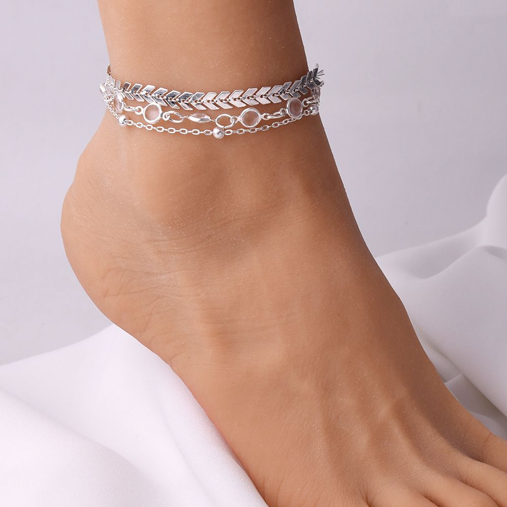 European and American Cross-border Fashion Fishbone Chain Anklet Summer Beach Anklet Women's Bead Chain Arrow Zircon Three-piece Foot Set