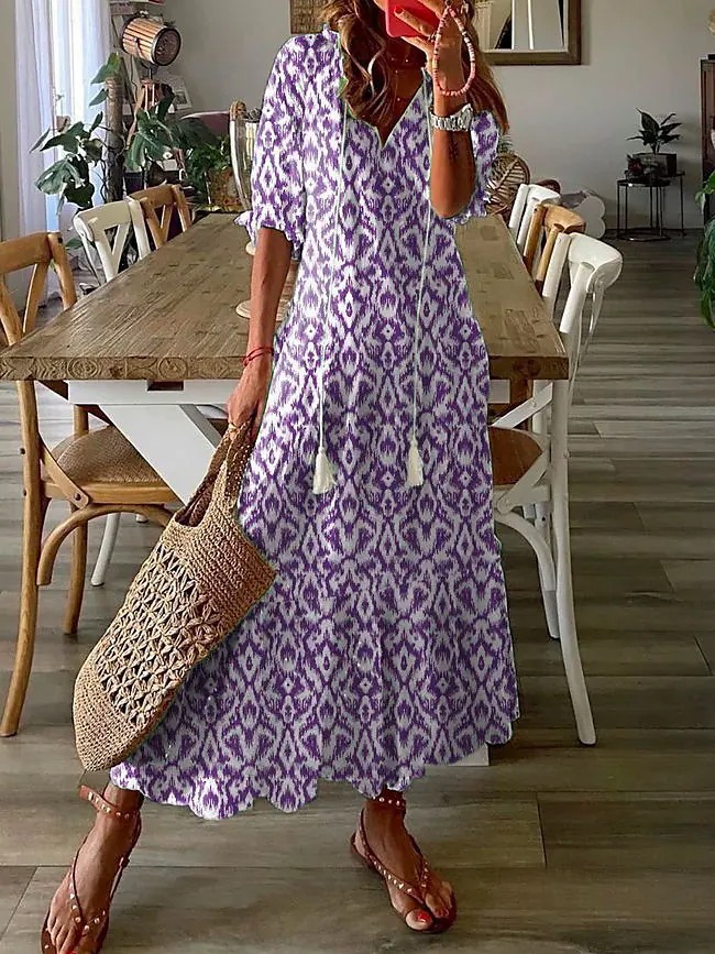 European and American Cross-border Hot Selling Casual Sweet Loose V-neck Printed Sling Mid-sleeve Long Dress for Women in Stock