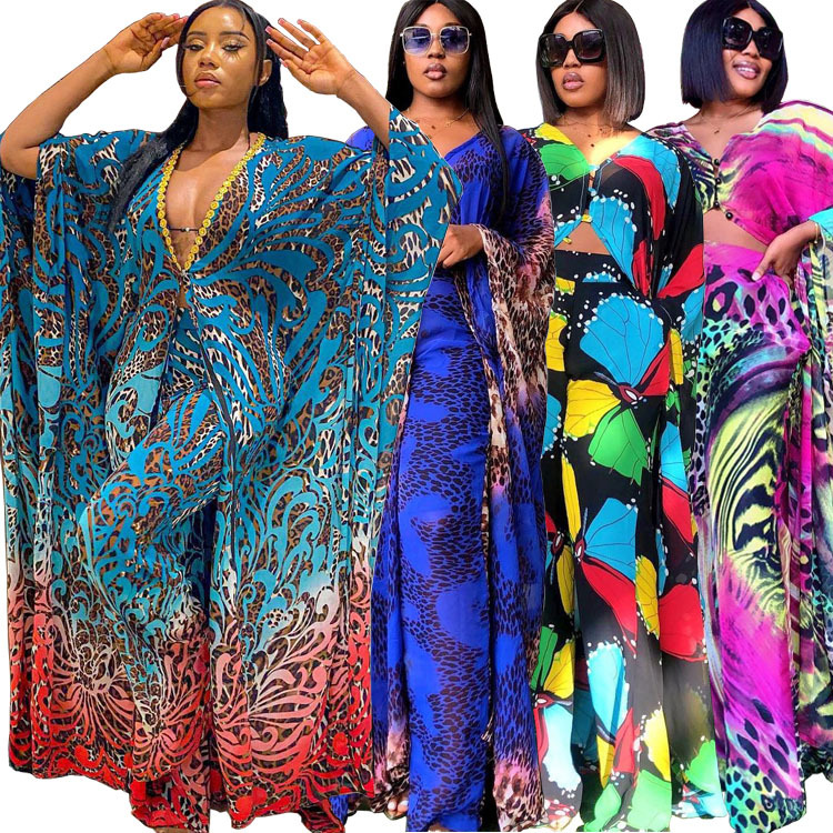 European and American Amazon New Digital Printed Chiffon Cardigan Loose Large Size Pants Two-piece Set African Robe