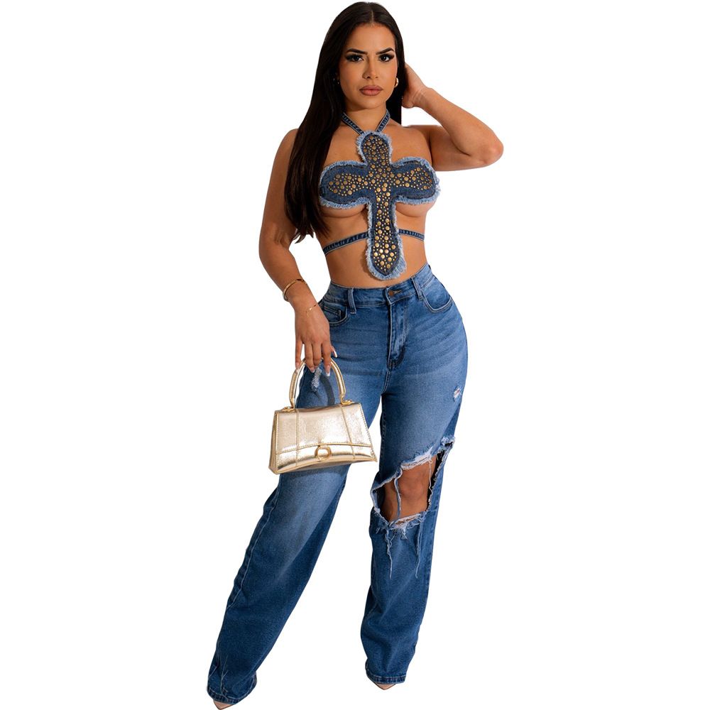 7668TG AliExpress  Summer New Personality Trend Tassel Backless Lace-up Hot Diamond Denim Wrap Chest for Women