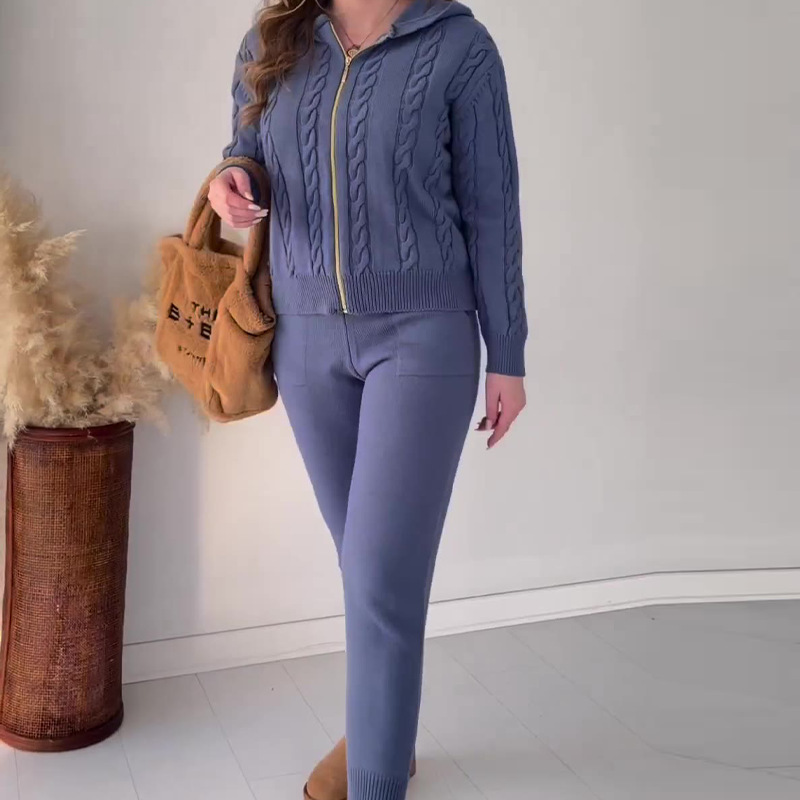 Fall 2023 new European and American Amazon cross-border solid color hemp pattern hooded zipper top casual home suit