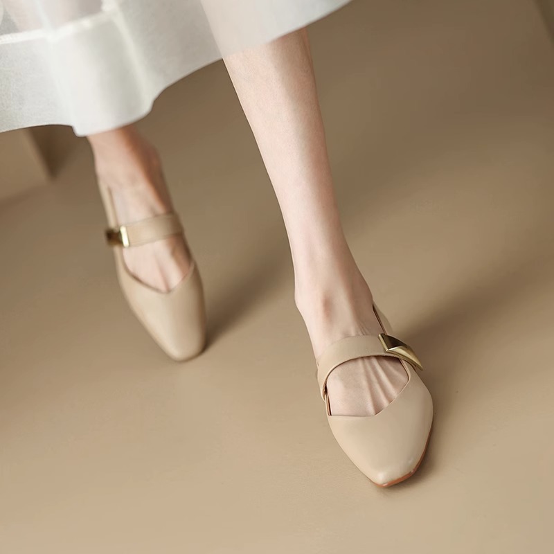 Great wear ~ leather square shoes female thick 2023 spring new versatile French French with Mary Jane women's shoes shallow