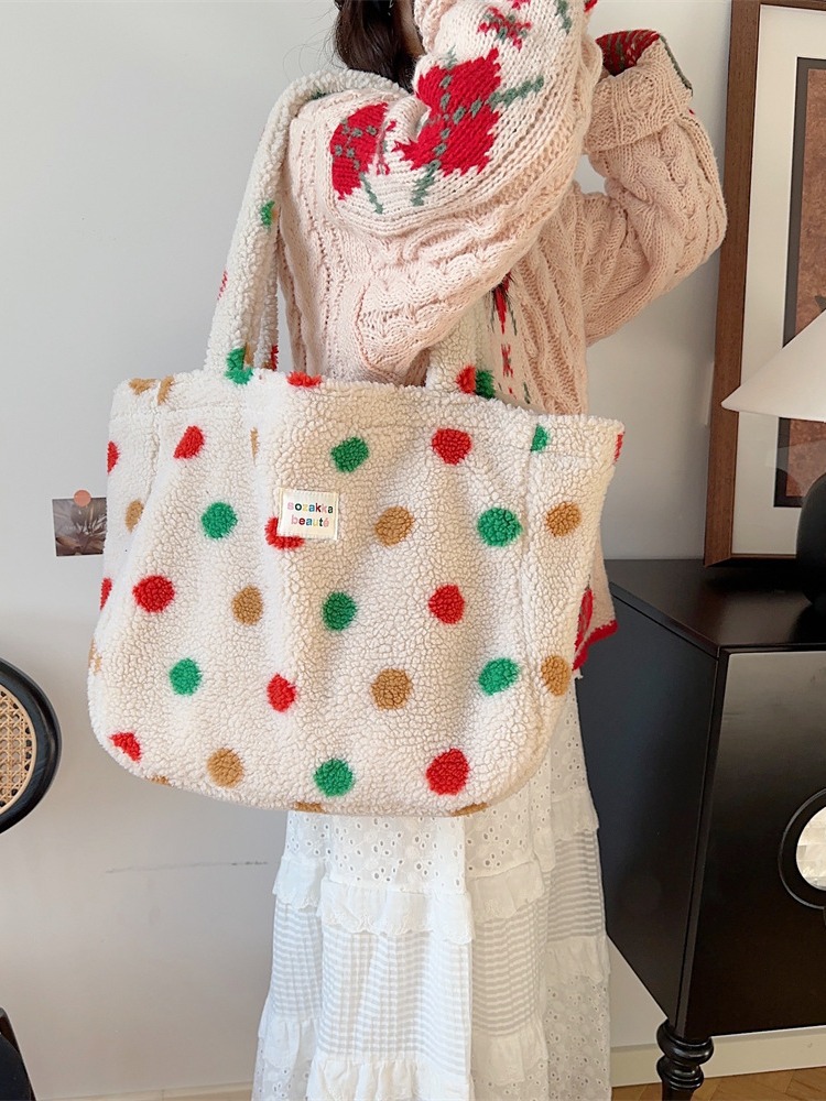 31231 Plush bag for women winter new color polka dot handbag student school bag tote bag