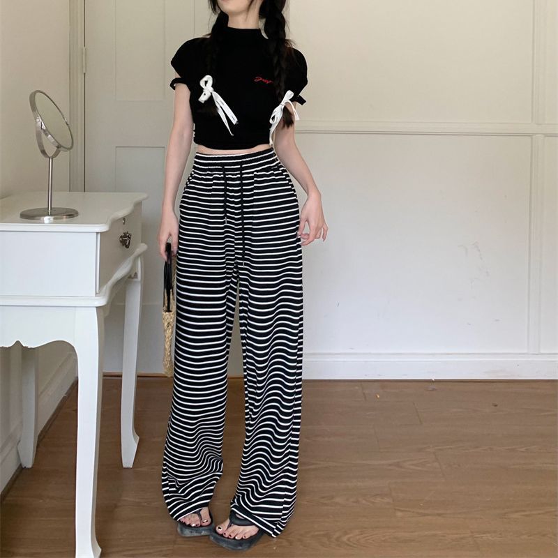 Hot Girl Striped Drawstring Dagging Casual Pants Women's Summer Korean Style Straight Pants Loose High Waist Wide Leg Pants
