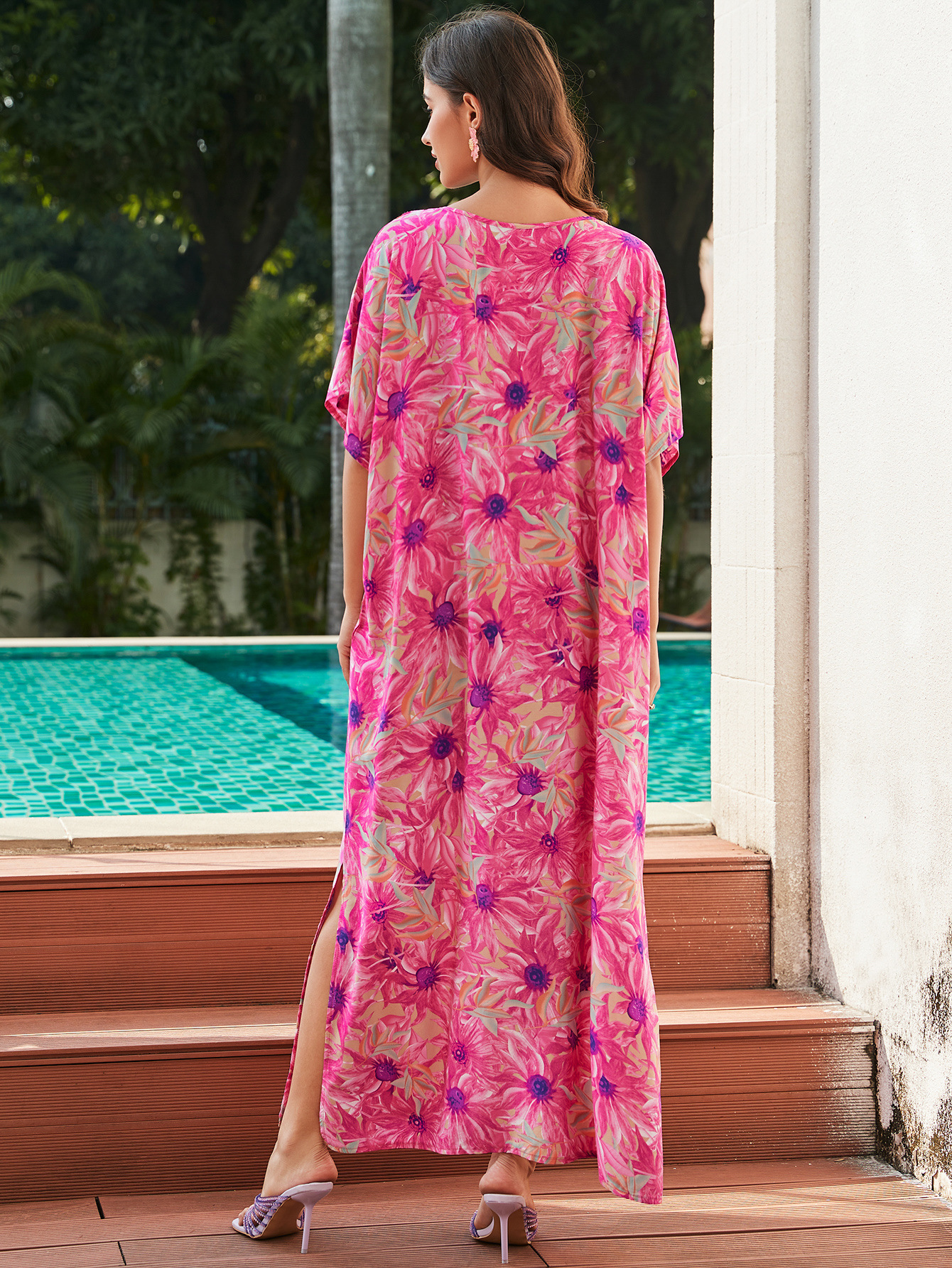 Beach blouse rose pink flower neckline embroidered holiday robe cross-border Amazon 23136(3 colors) L