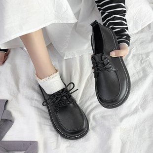 2022 New Autumn Women's Casual Single-layer Shoes British Style Small Leather Shoes Women's Round Toe Lace-up Black Work Shoes for Students