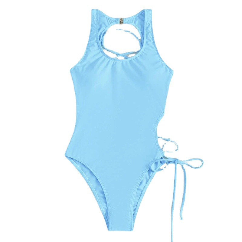 2024 new sexy European and American solid color lace-up swimsuit women's foreign trade triangle belly beach bikini swimsuit wholesale