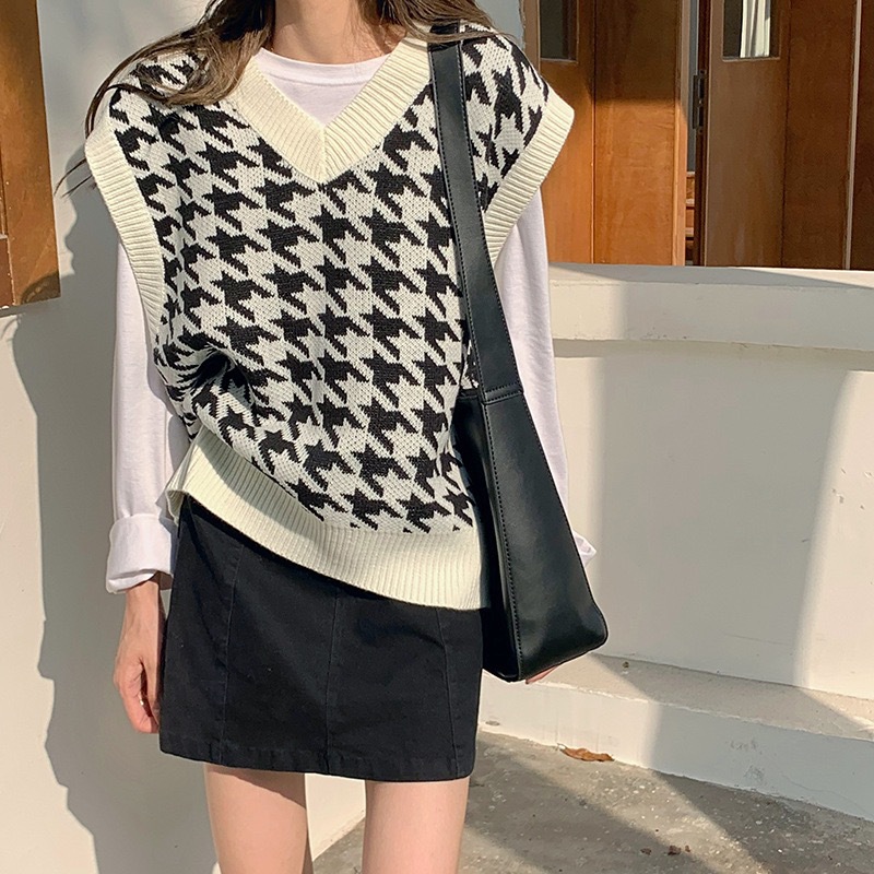 Hahnentritt-Weste Strickpullover 2022 Damen Herbst Neue koreanische lose Oberbekleidung Pullover Pullover Top_voghion.com