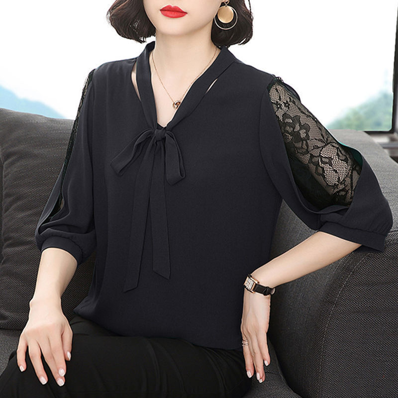 Chiffon Shirt Western Style Super Fairy Shirt V-neck Turtleneck Bow Mid-sleeve Loose Large Size Belly Covering Lace Base Shirt