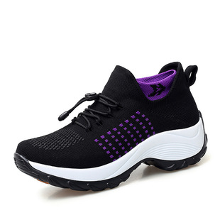 1855 Sneakers Socks Shoes Mother Shoes Flying Weaving Cross-border Hot Sale Large Size Shoes Women's Thick Sole Wedge Rocking Shoes