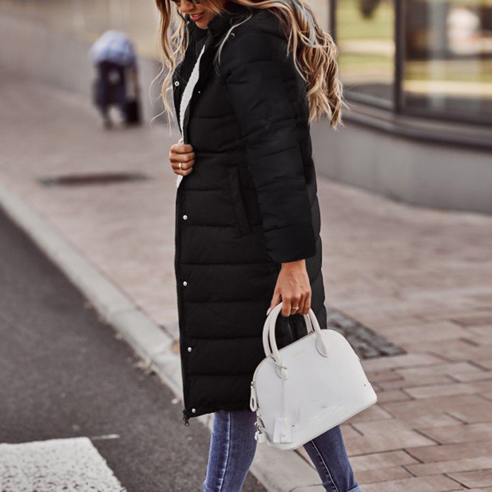 2023 cross-border supply European and American solid color hooded single-breasted mid-length cotton-padded jacket long sleeve slim temperament cardigan jacket