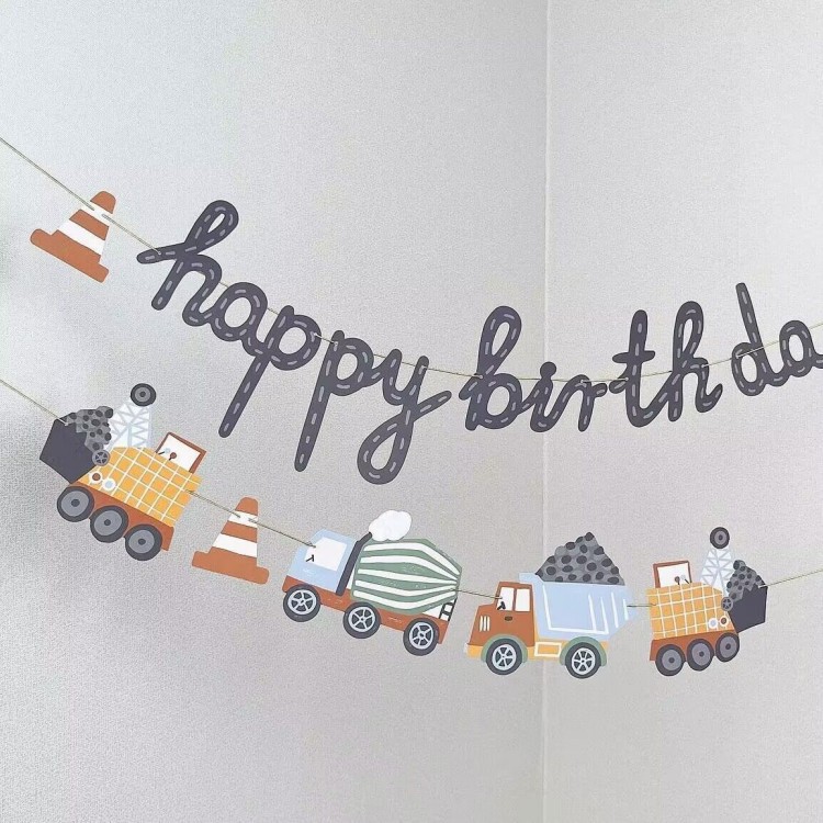 Ins Style Simple Car Alphabet Engineering Vehicle Children's Birthday Party One Year Old Hundred Days Decorative Background Banner for Baby