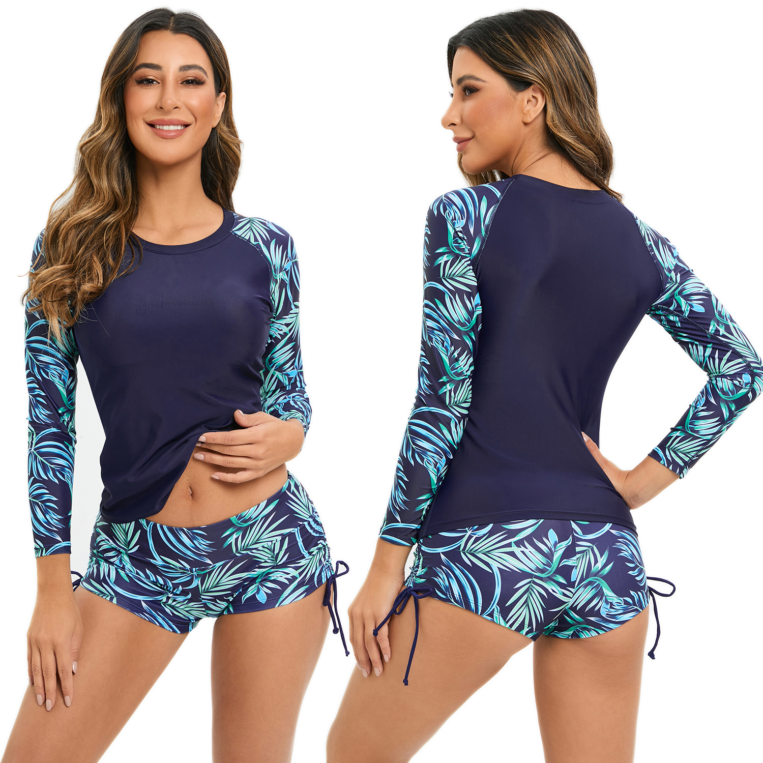 European and American Long Sleeve Swimsuit Beach Crewneck Pullover Boxers Split Surfing Swimsuit Amazon Sunscreen Surfing Suit Women