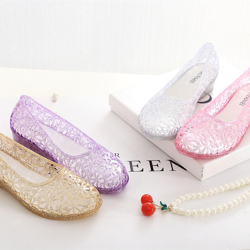 Summer Wedge Jelly Transparent Sandals Women's Crystal Plastic Flat Hollow Bird's Nest Waterproof Beach Shoes Soft Moms Shoes