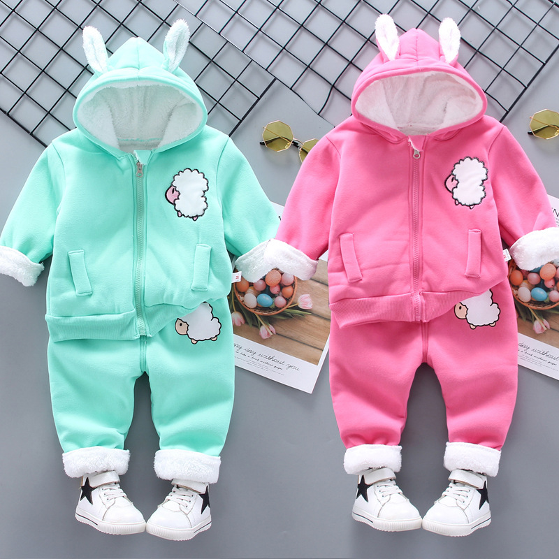 2021 autumn and winter clothing for boys and girls plus velvet suit 0-4 years old children cartoon outfits two-piece factory straight