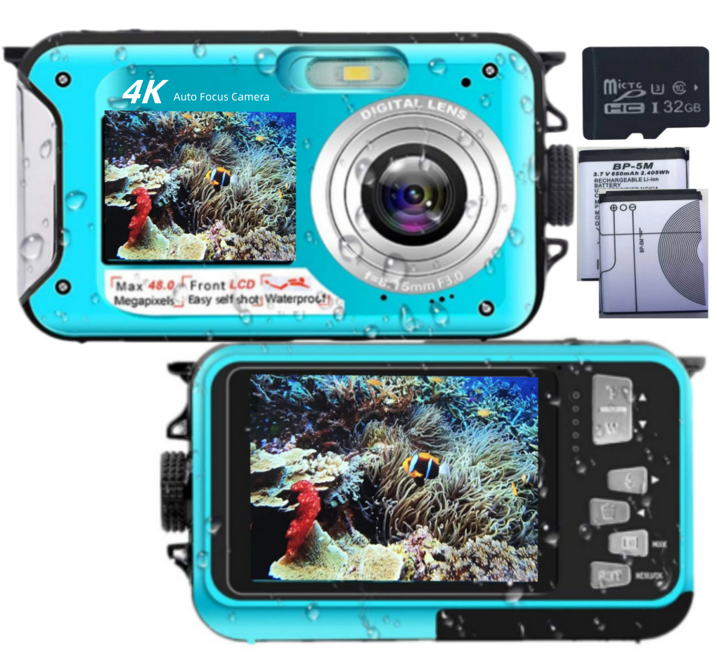 English Underwater Camera, 4K 48MP Auto Focus Waterproof Digital Camera with Selfie HD Dual Screen