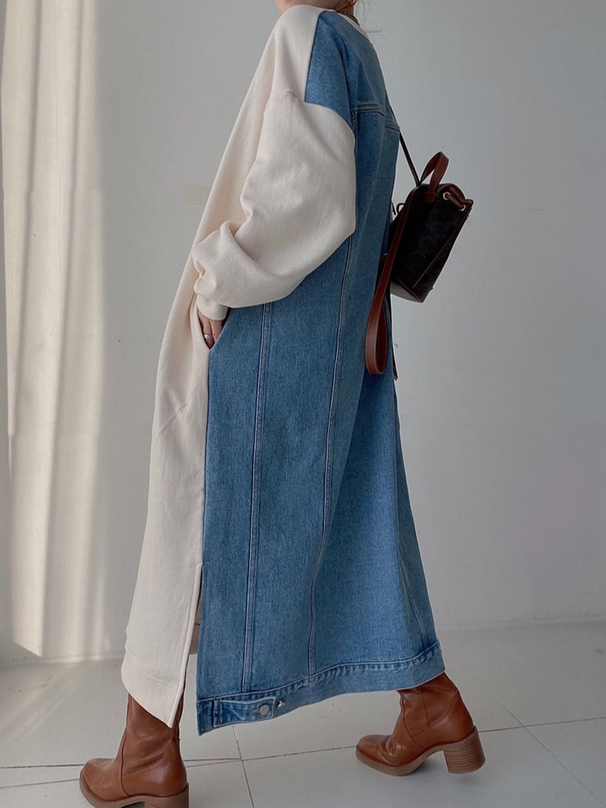 Korean-style Dongdaemun chic Casual All-match Letter Printing Stitching Denim Design Loose Long-sleeved Sweater Dress