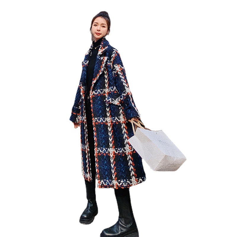 Real Shot Ins Small Style Kontrastfarbe Plaid Eleganter Anzugkragen Lockerer gerader Schlauch Mittellanger grober Wollmantel für Damen_voghion.com