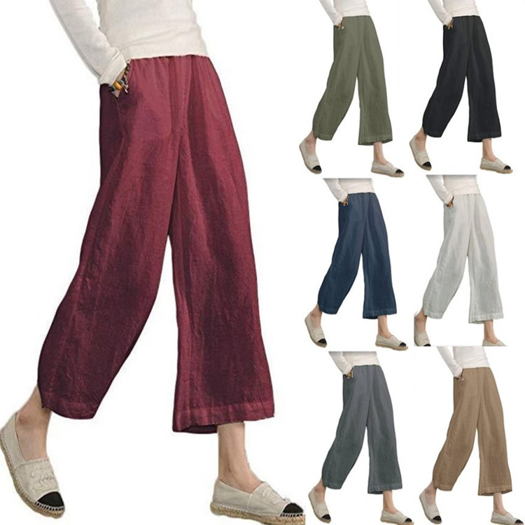 2022 Women's Spring and Summer New European and American Amazon eBay Color Cotton and Linen Loose Casual Wide Leg Ankle-length Pants for Women