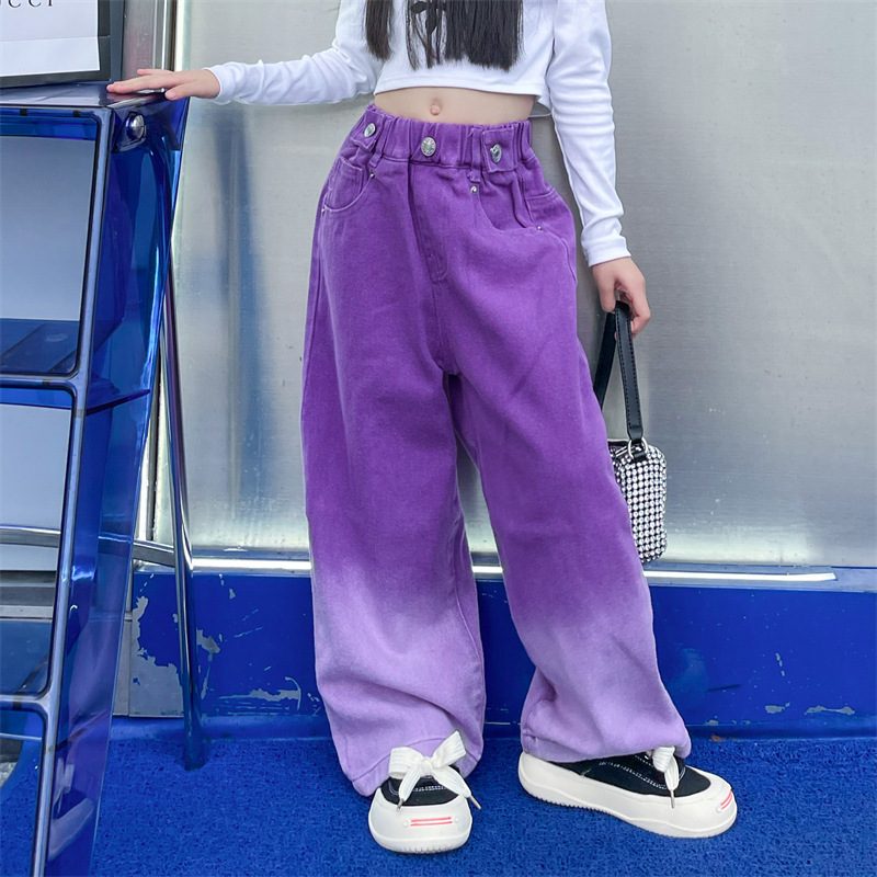 Girls' Pants Autumn Children's Jeans 2024 New Style Girl's Western Style Gradient Casual Wide Leg Pants