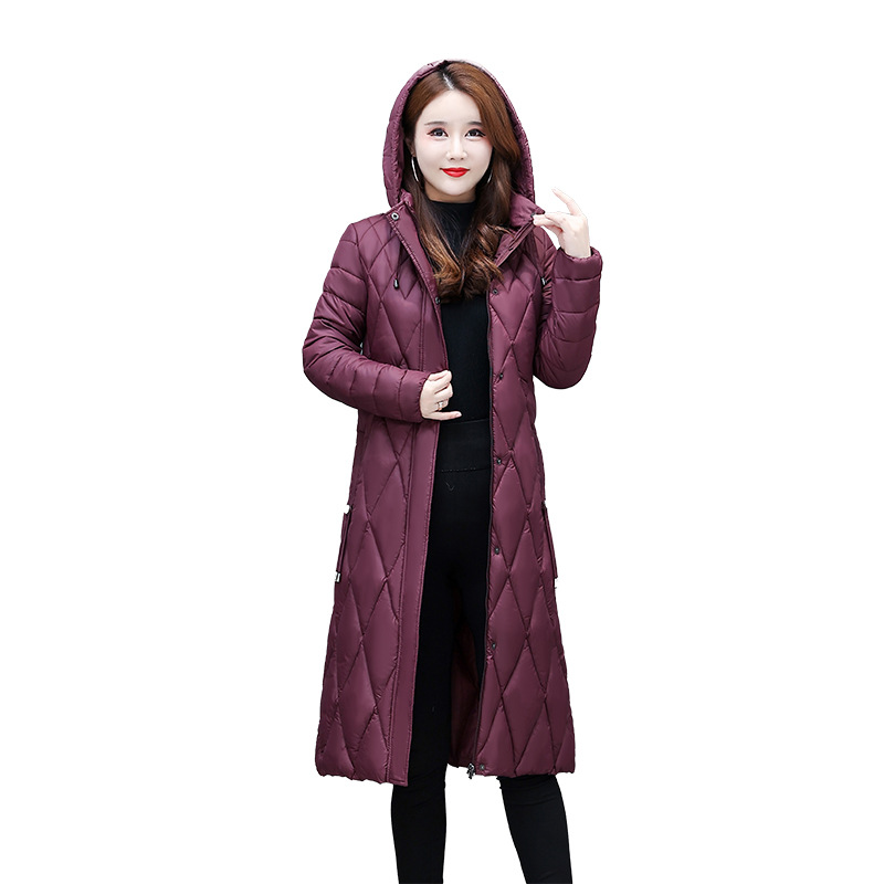 2023 New Style Cotton-padded Coat Women's Rhombic Long Over-the-knee Light Down Cotton-padded Coat Women's Hooded Coat Winter Slim-fit Slimming