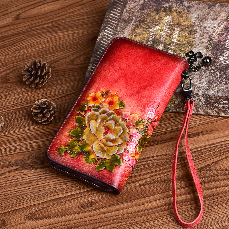 Live Daifa New Style Retro Chinese Style Wallet Top Layer Cowhide Small Handbag Multi-Card Long Zipper Clutch