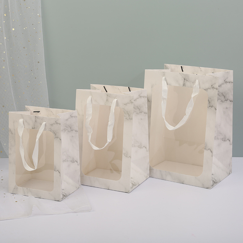 ins Style Flower Gift Packaging Bag Transparent Window Handbag Valentine's Day Window Paper Bag Hand Gift Bag