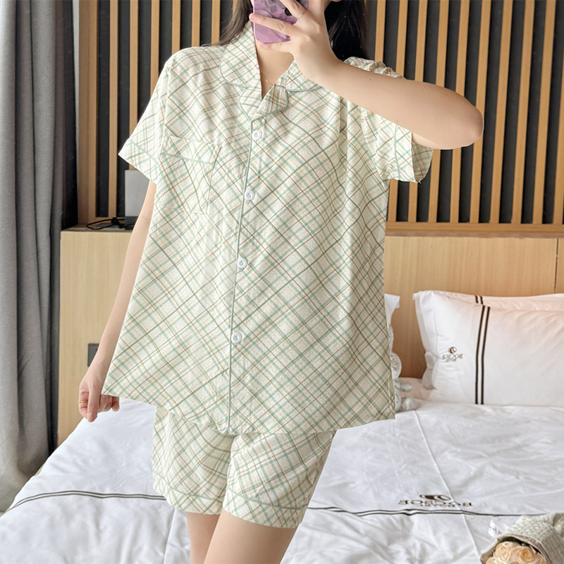 Summer short-sleeved cardigan pajamas for women woven bubble cotton wrinkled fabric ins cute thin cardigan home wear set