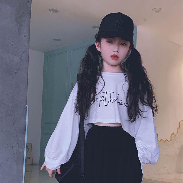 Girls' long-sleeved spring and autumn clothing new medium and large children's T-shirt children's high waist short sweater jazz dance navel clothing parent-child