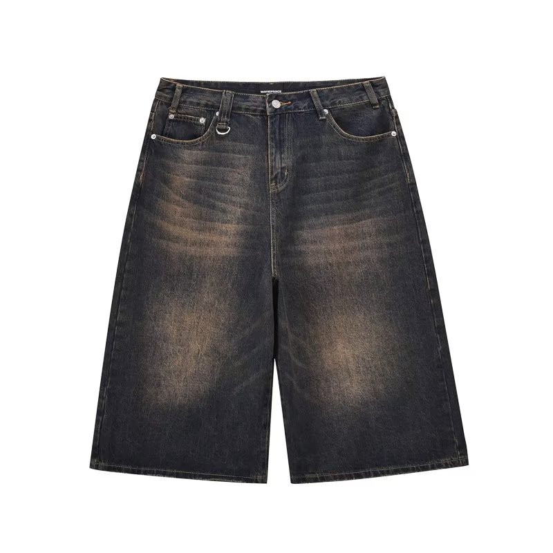 Fashionable Summer new retro distressed jeans cropped straight wide-leg pants men's and women's washed Denim shorts spring and summer