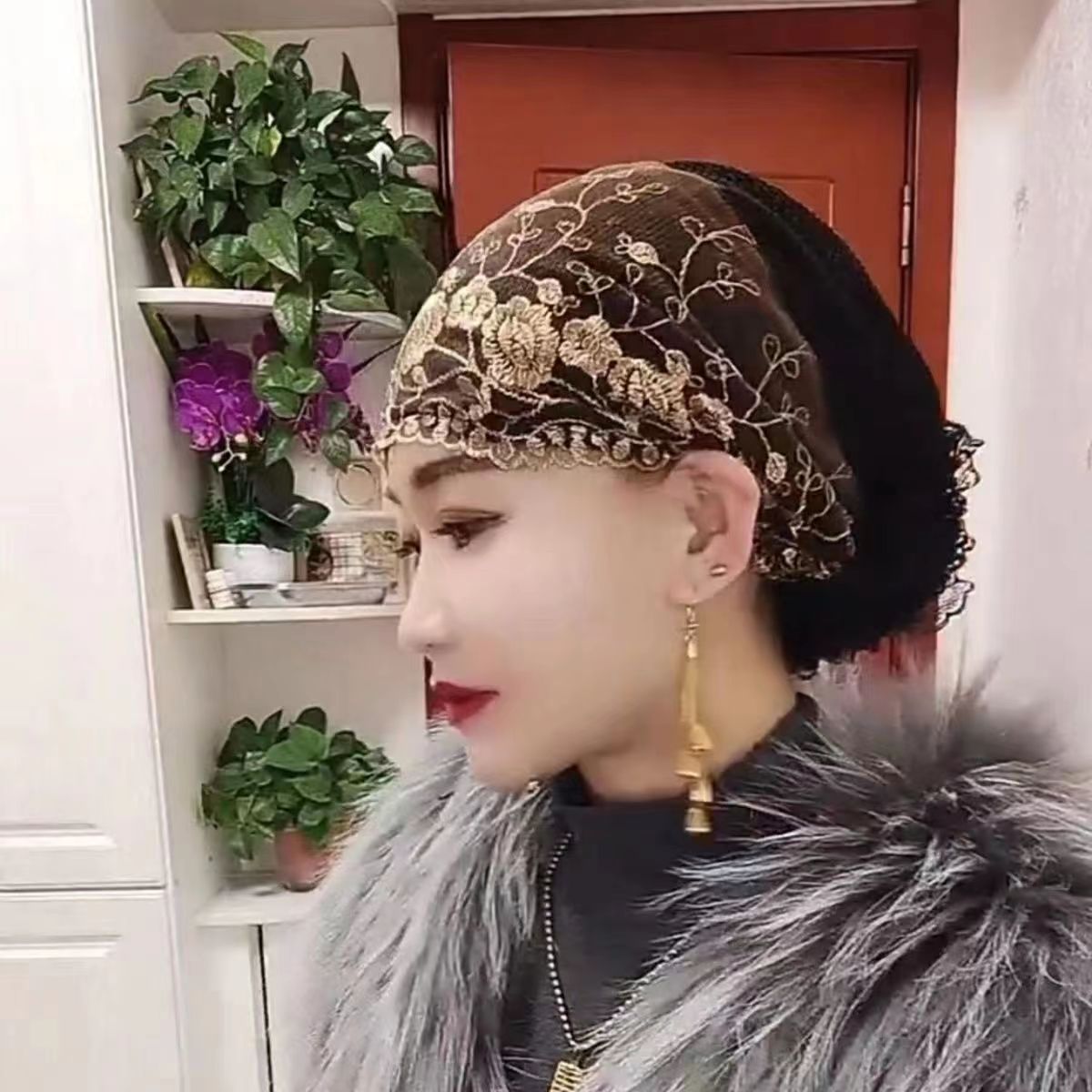 Four Seasons Embroidered Flower Bag Head Cap Thin Lace Cap Stylish White Hair Cover Cap Fashionable Home Hair Band Big Flower Cap