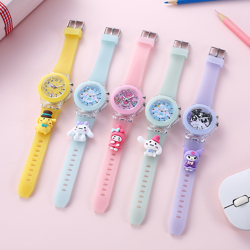Sanrio Cartoon Children's Watch Children's Elementary School Colorful Luminous Luminous Silicone Strap Doll Electronic Watch