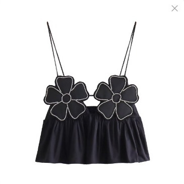 Summer 2023 European and American style autumn women's clothing new black bright flower decorative cotton top small camisole