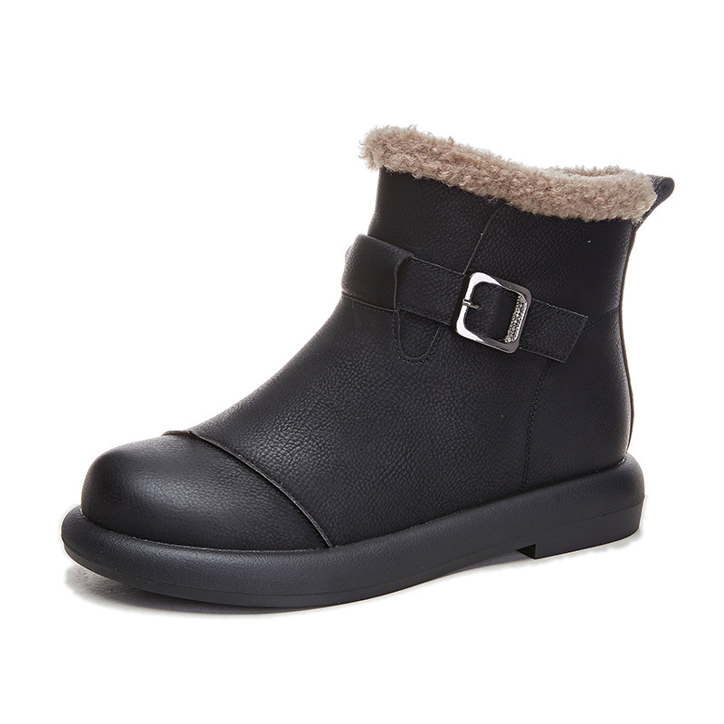 Retro snow boots for women 2024 Winter new women's low heel ankle boots fleece-lined warm women's boots casual all-match boots