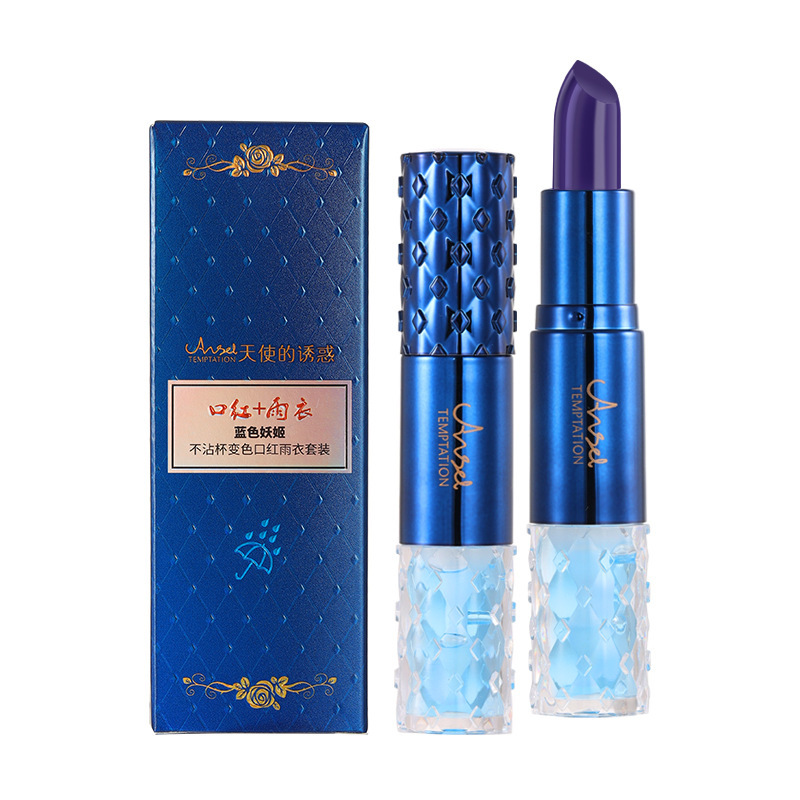 Angel's Temptation Blue Demon Ji Not Sticking Cup Color-changing Lipstick Raincoat Set Lock Color Lasting Lip Protection Double Head Combination