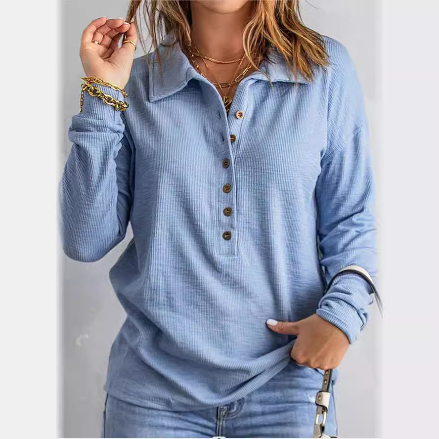 Amazon cross-border solid color sweater women's single-breasted lapel long sleeve loose casual bottoming top autumn and winter New