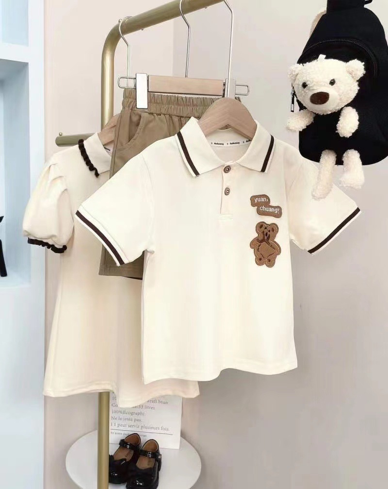 Bear embroidered parent-child clothes summer one family three or four mother-child mother-daughter dress baby romper POLO lapel short sleeve