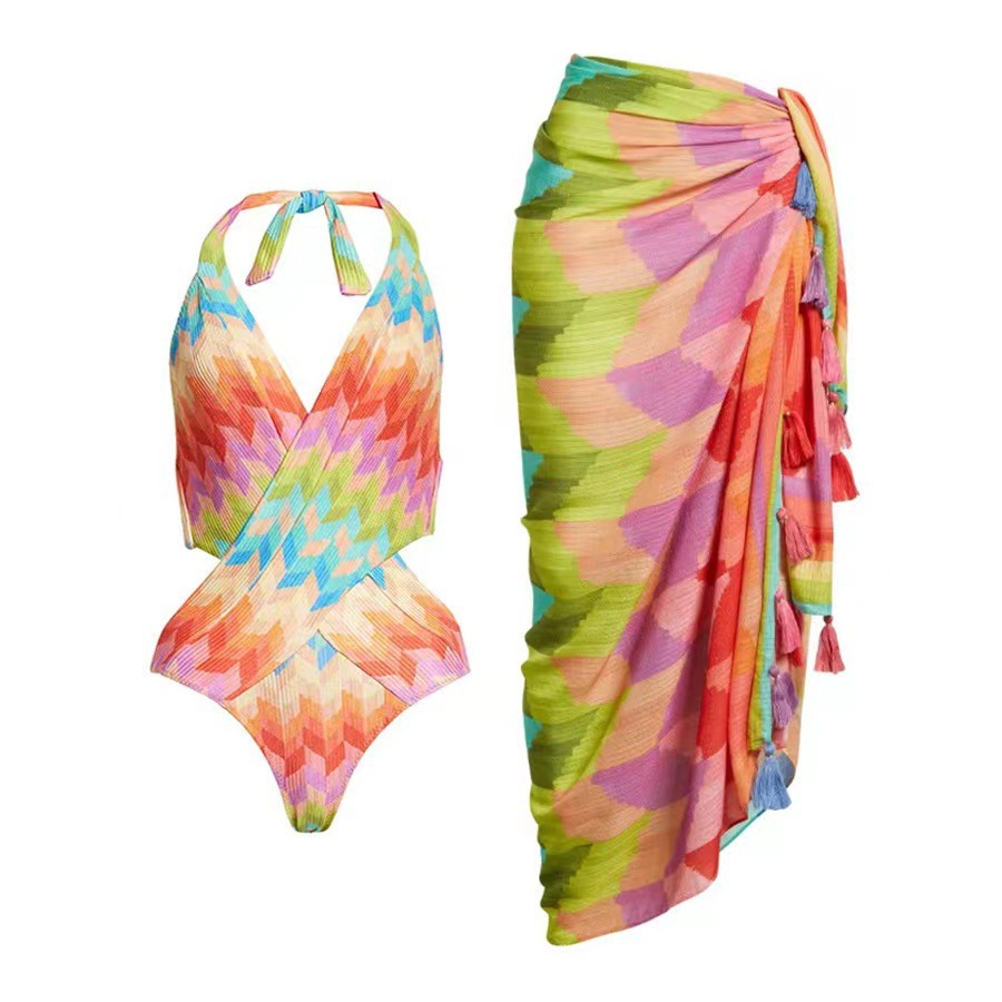 2023 new European and American one-piece sexy bikini belly-covering beach bikini gauze skirt suit foreign trade cross-border swimsuit