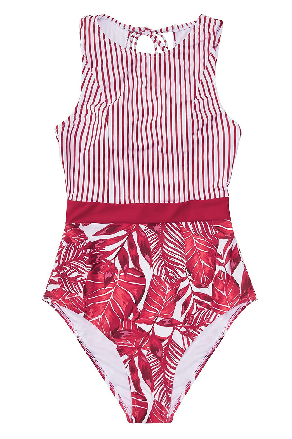 2024 new European and American printed striped one-piece bikini swimsuit sexy leaf stitching triangle women's swimsuit wholesale