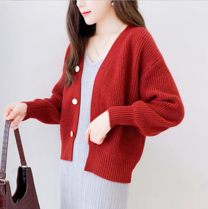 Spring and Autumn Sweater French V-neck Candy-colored Top Long-sleeved Women's Cardigan Outer Loose Knitted Sweater Jacket Women's Fashion