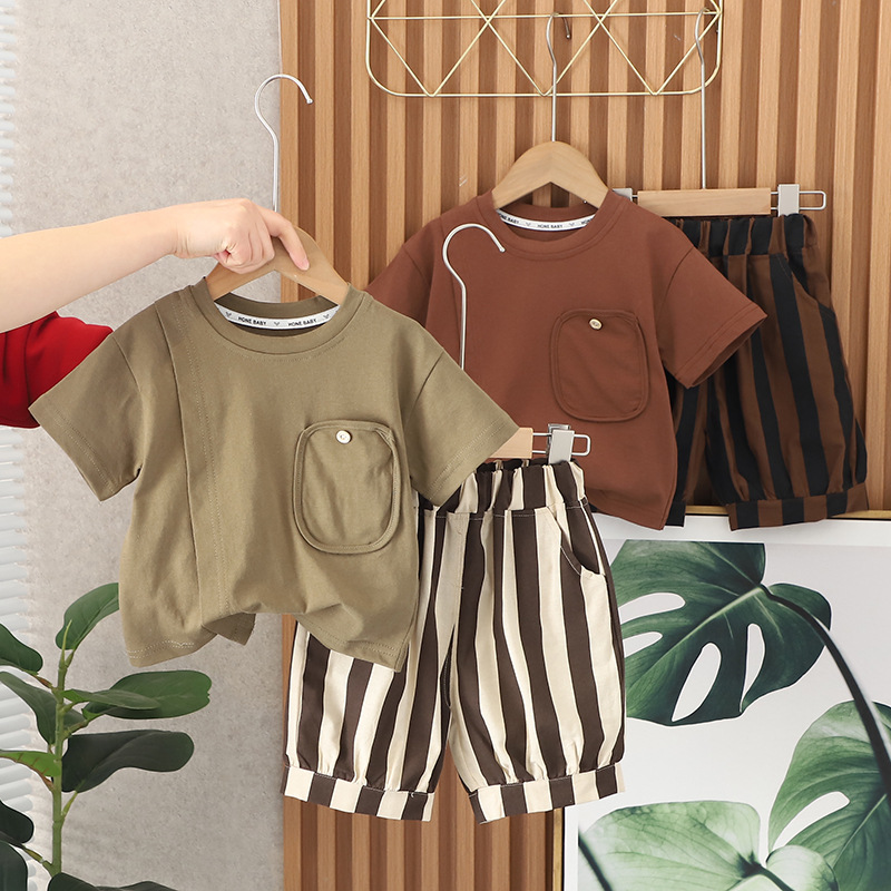 Summer boys suit Korean version  new solid color round neck T-shirt two-piece set striped bloomer suit wholesale