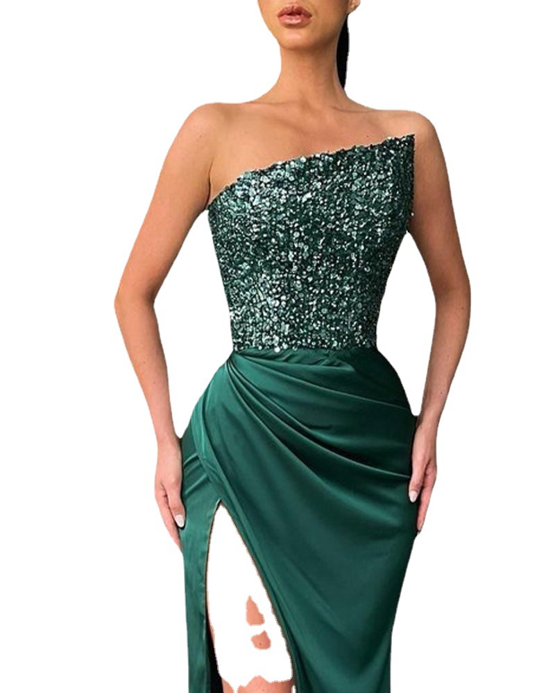 2024 Cross-border Foreign Trade New Green Sequin Fairy Long Sleeveless Fashion Elegant Long Evening Dress