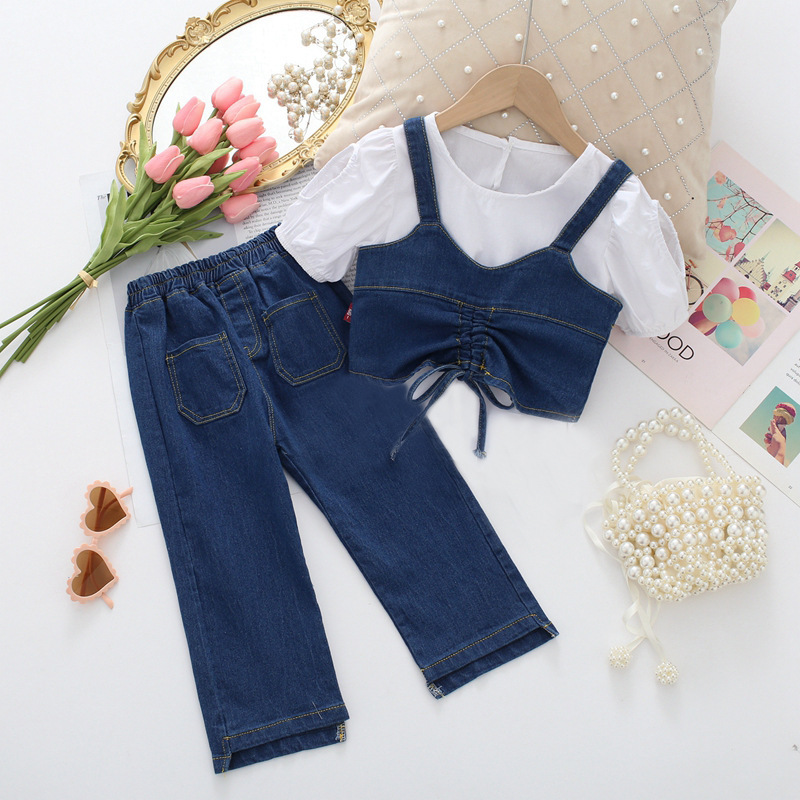 Girls' Suit Spring and Summer Children's Wear 7-year-old Children's Denim Suit Three-piece Sling Shirt Pants LT22171