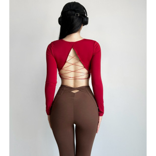 Hollow-out beauty back top with chest pad sexy yoga dance long-sleeved T-shirt Pilates Fitness leisure sports 1348