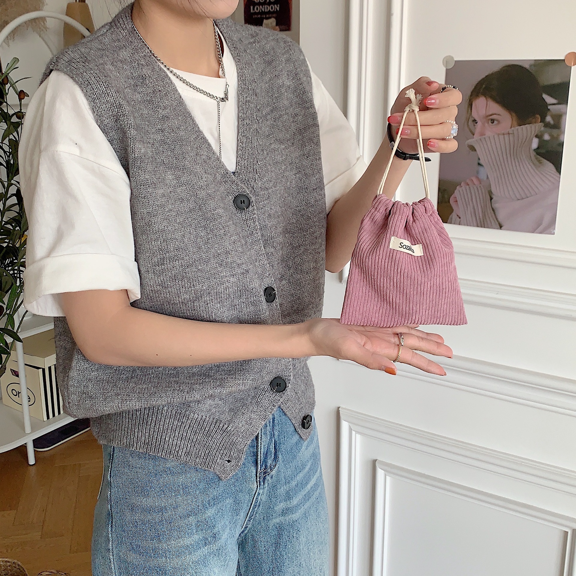 32133 Solid Color Corduroy Weaving Marks Storage Bag Drawstring Bezel Cosmetic Bag Women's Portable Portable Large Capacity