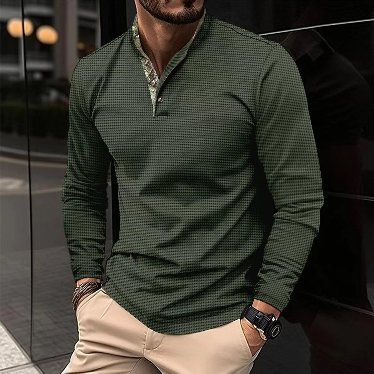 2024 cross-border AliExpress Amazon waffle Spring and Autumn new men's polo shirt double-layer stand collar stitching long sleeve