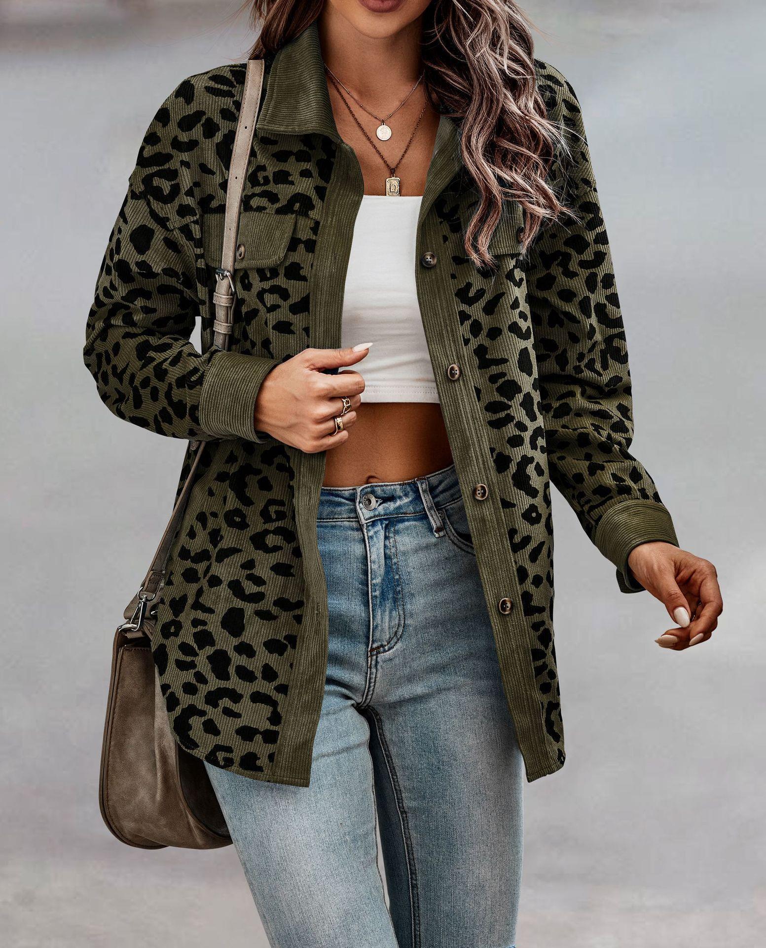 2024 Amazon European and American cross-border women's clothing autumn and winter fashion leopard print pocket button long-sleeved jacket for women