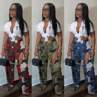 D8600 new product AliExpress Amazon European and American fashion digital HD printing ripped cross tooling straight pants