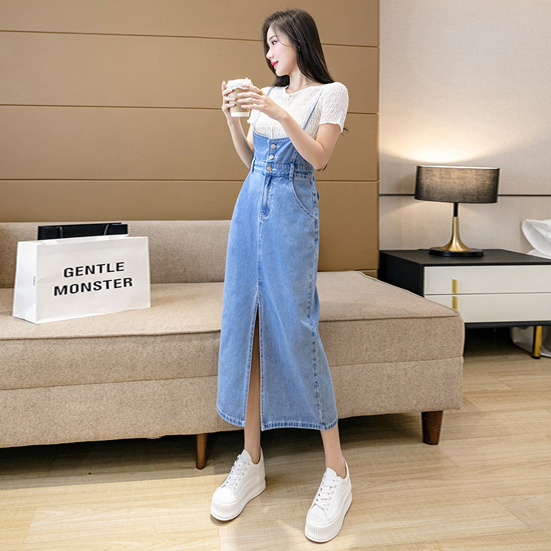 Real Shot 2023 Spring and Autumn New Korean Style High Waist Retro Elegant Slimming Hip Denim Suspender Skirt Slip Skirt