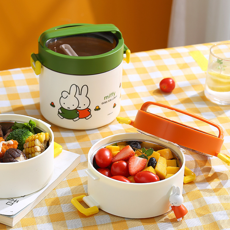 Round Single and Double Layer 304 Stainless Steel Lunch Box Cartoon Children Adult Miffy Bento Box Student Lunch Box Miffy